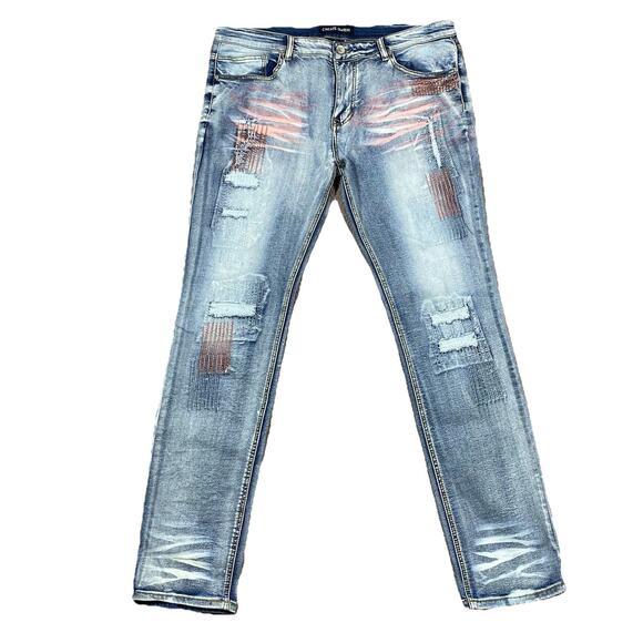 Create 2MRW Distressed Patchwork Skinny Jeans Men’s 36x34 Light Wash - Picture 5 of 12